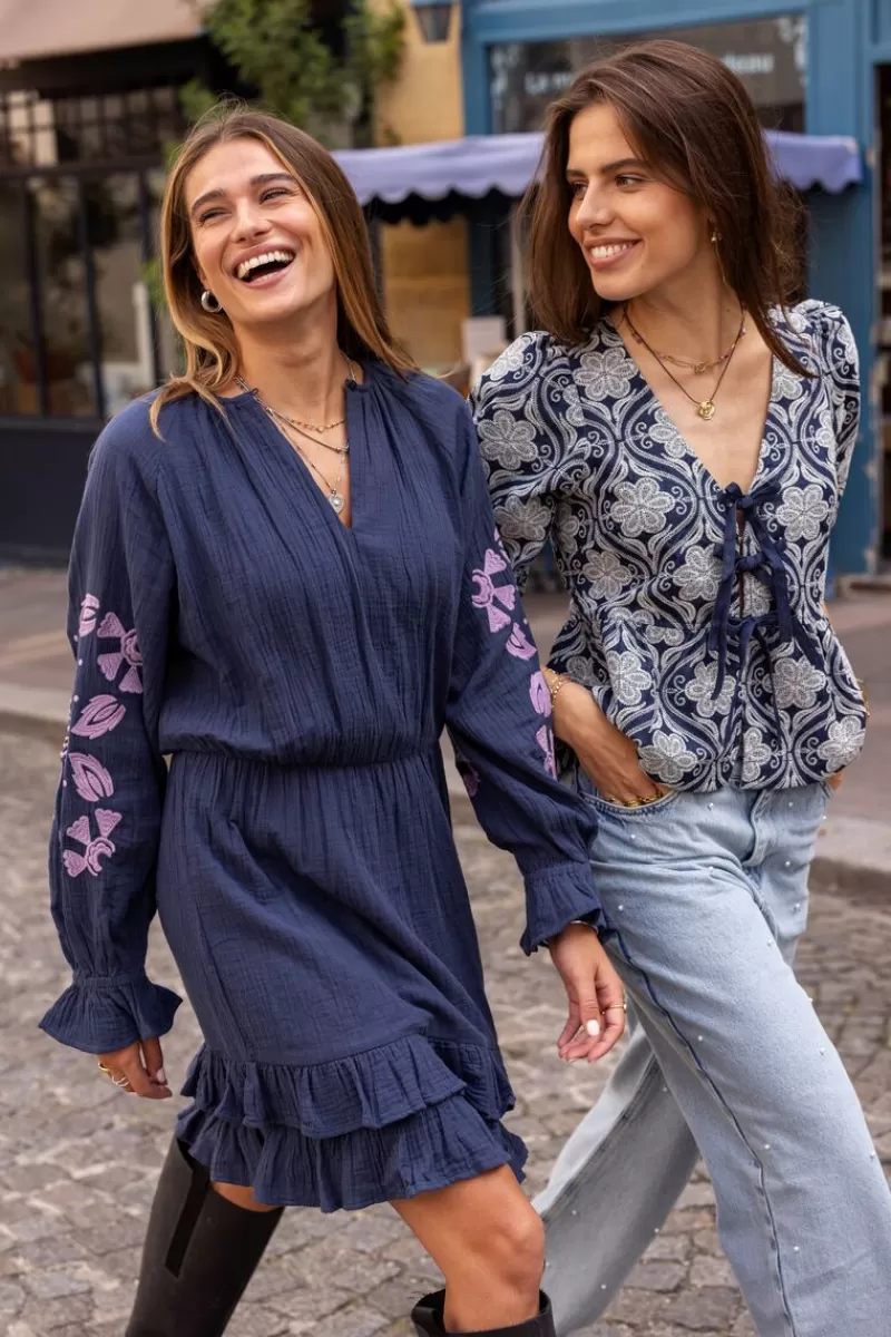 My Jewellery Blouse En Chambray Bleu Avec Broderie Florale