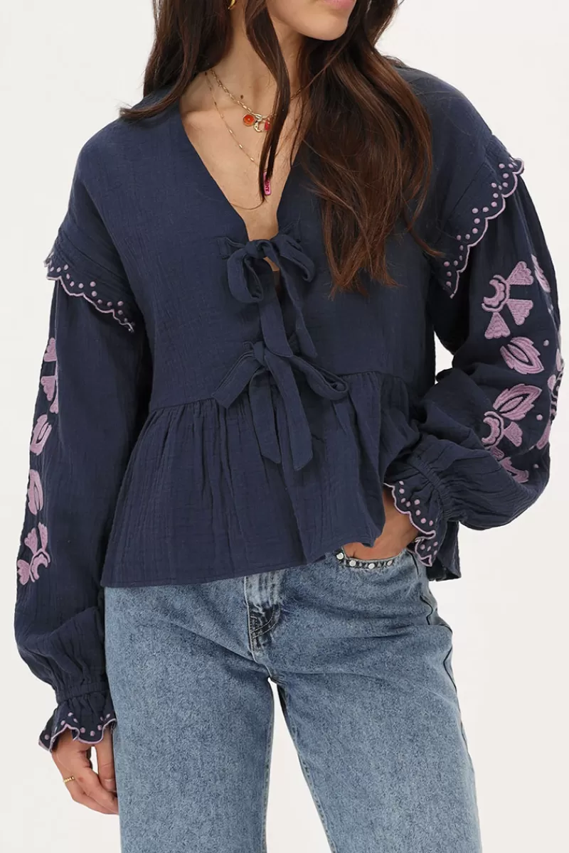 My Jewellery Blouse En Mousseline Bleu Foncé Avec Broderies Et Nœuds