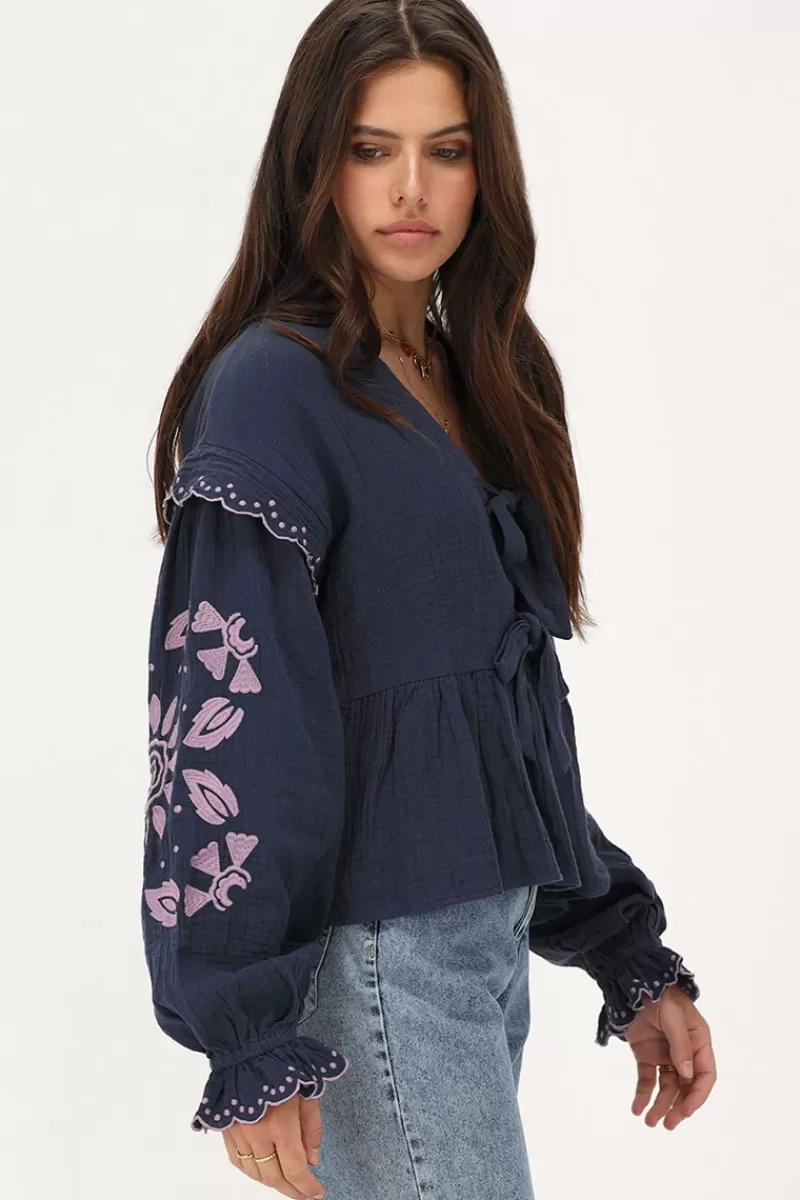 My Jewellery Blouse En Mousseline Bleu Foncé Avec Broderies Et Nœuds