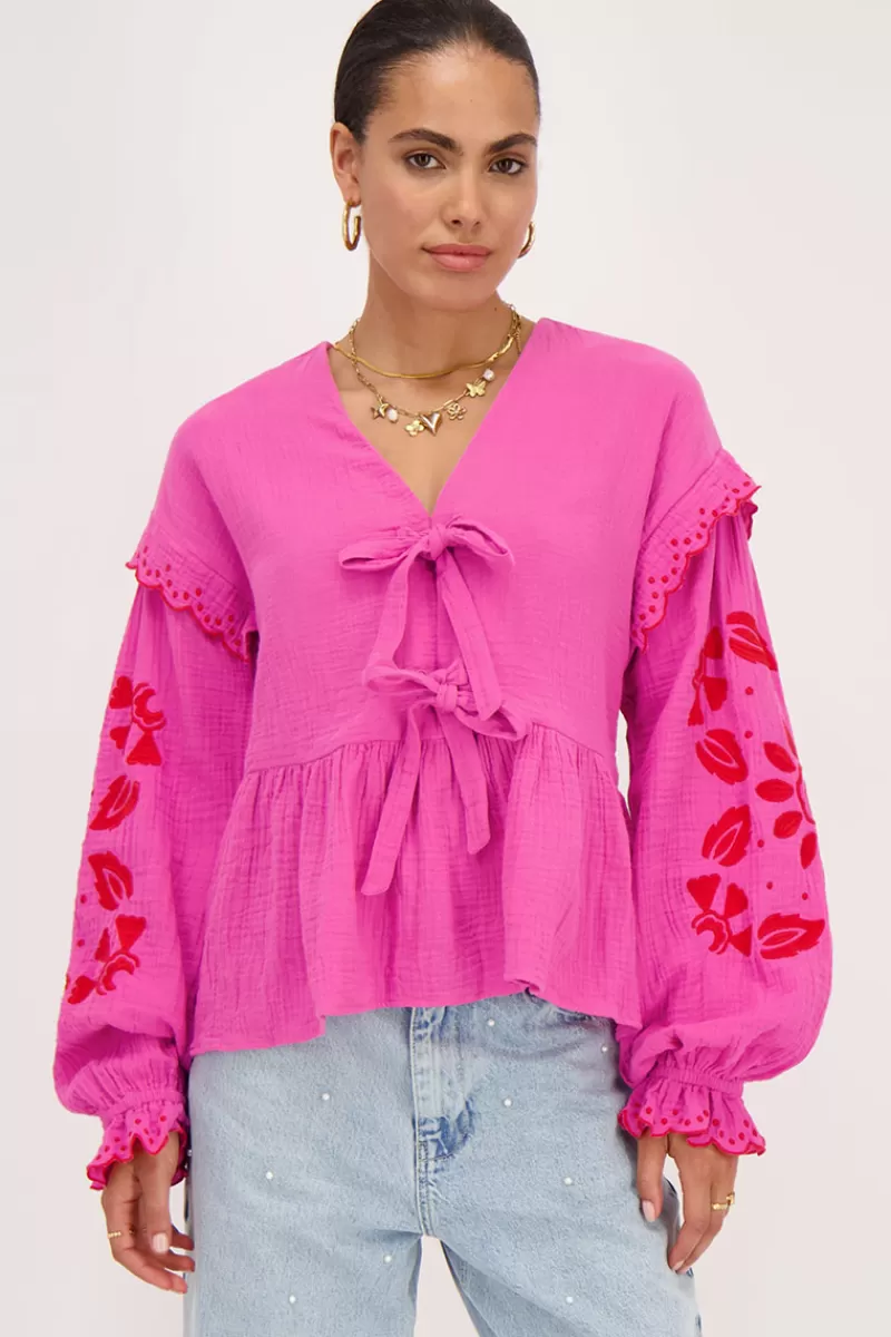My Jewellery Blouse En Mousseline Rose Avec Broderies Et Nœuds