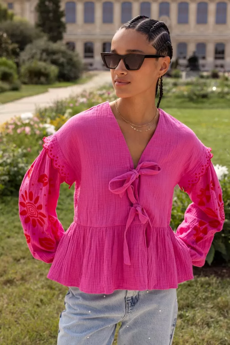 My Jewellery Blouse En Mousseline Rose Avec Broderies Et Nœuds