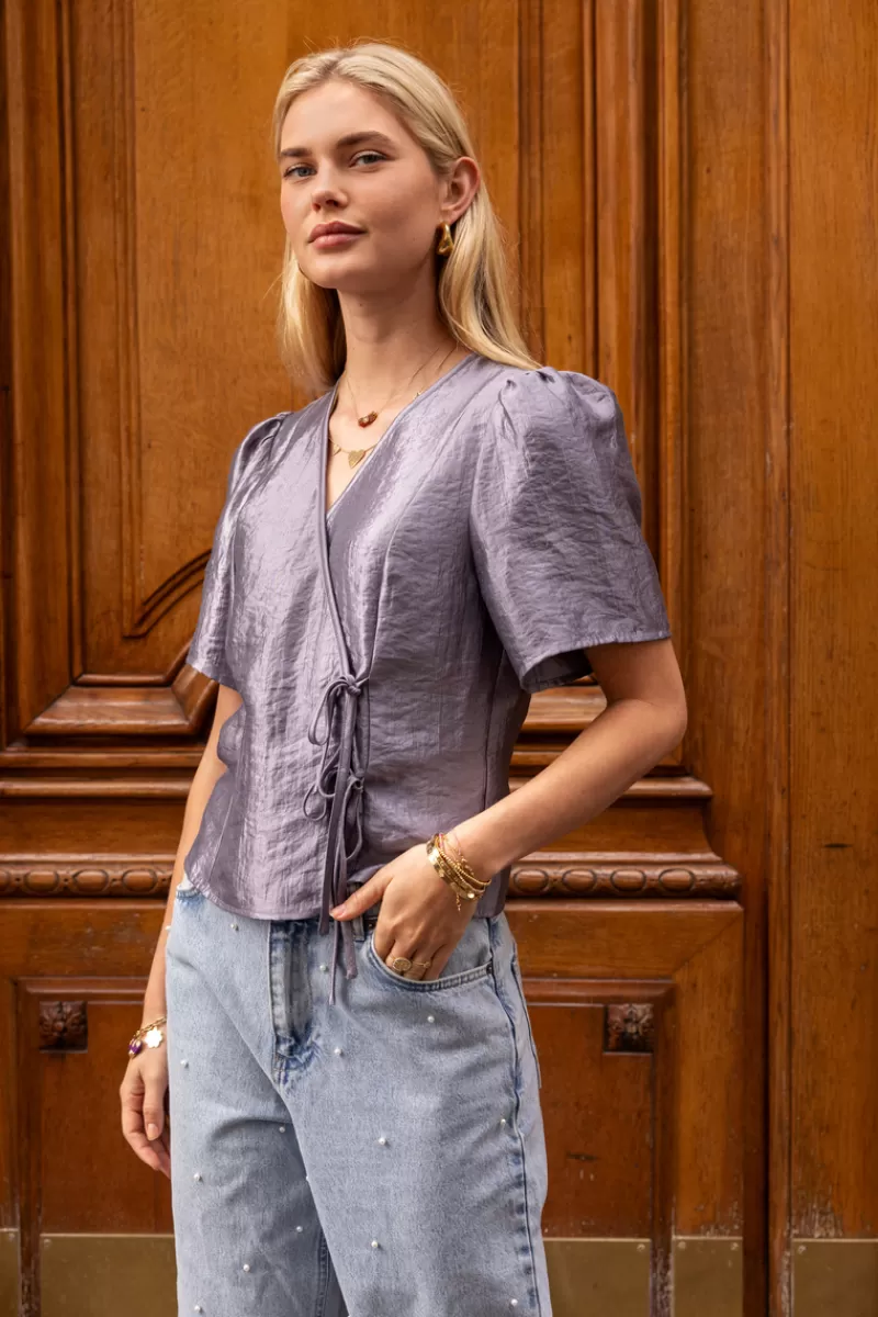 My Jewellery Blouse Grise Satinée Et Nœuds