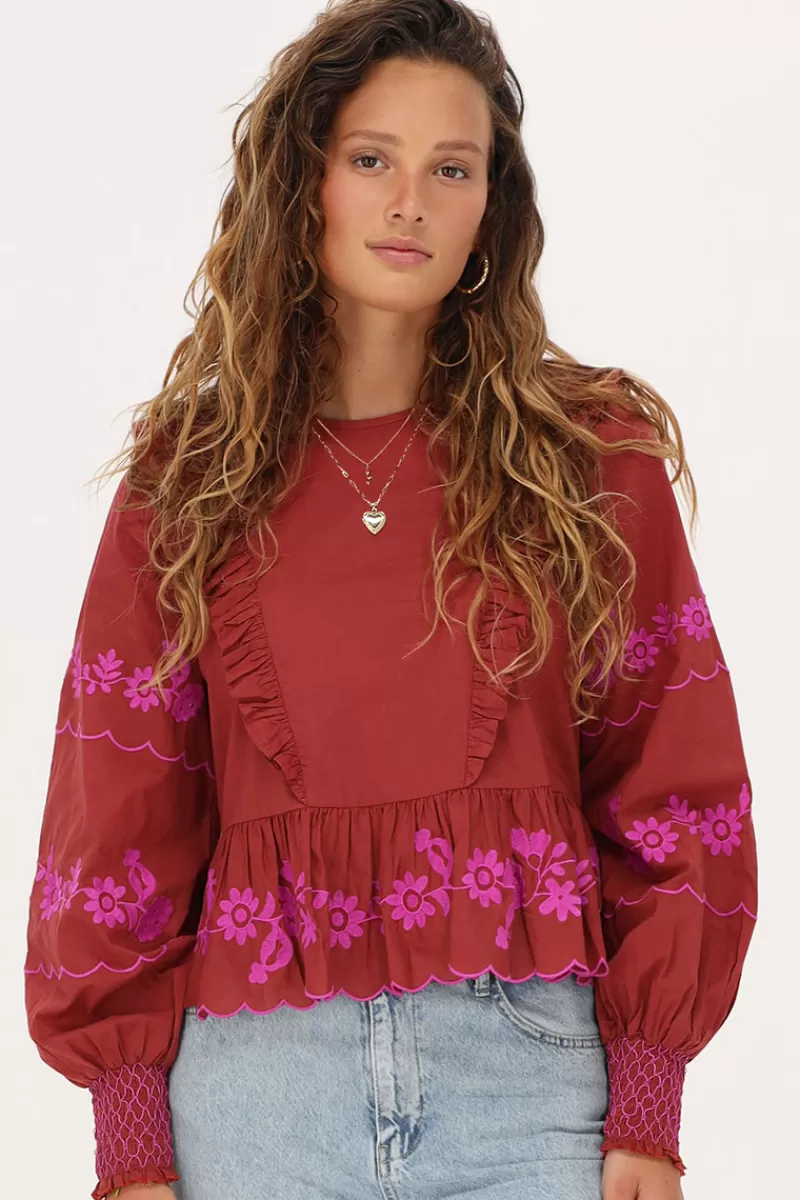 My Jewellery Blouse Marron Rouille Avec Broderie Fuchsia