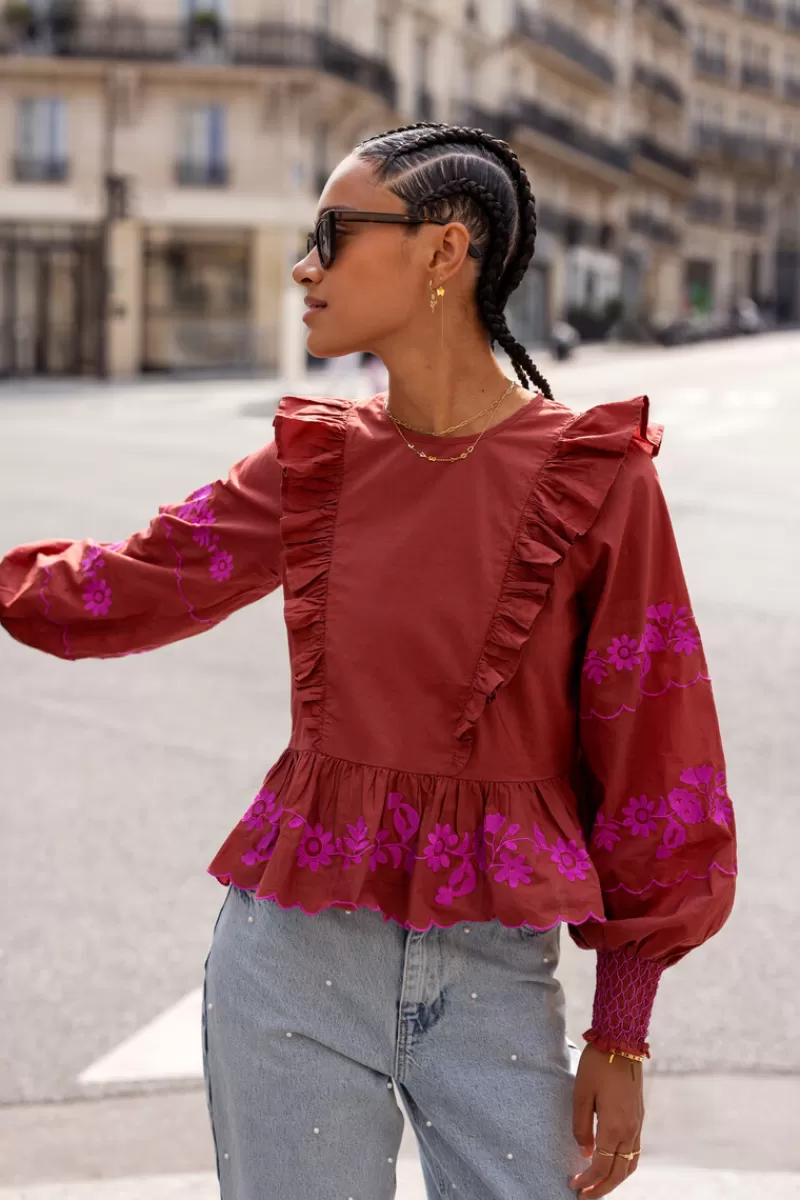 My Jewellery Blouse Marron Rouille Avec Broderie Fuchsia