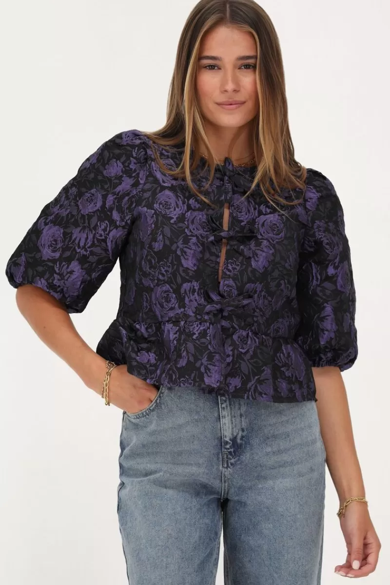 My Jewellery Blouse Noire Avec Nœuds Et Jacquard Violet