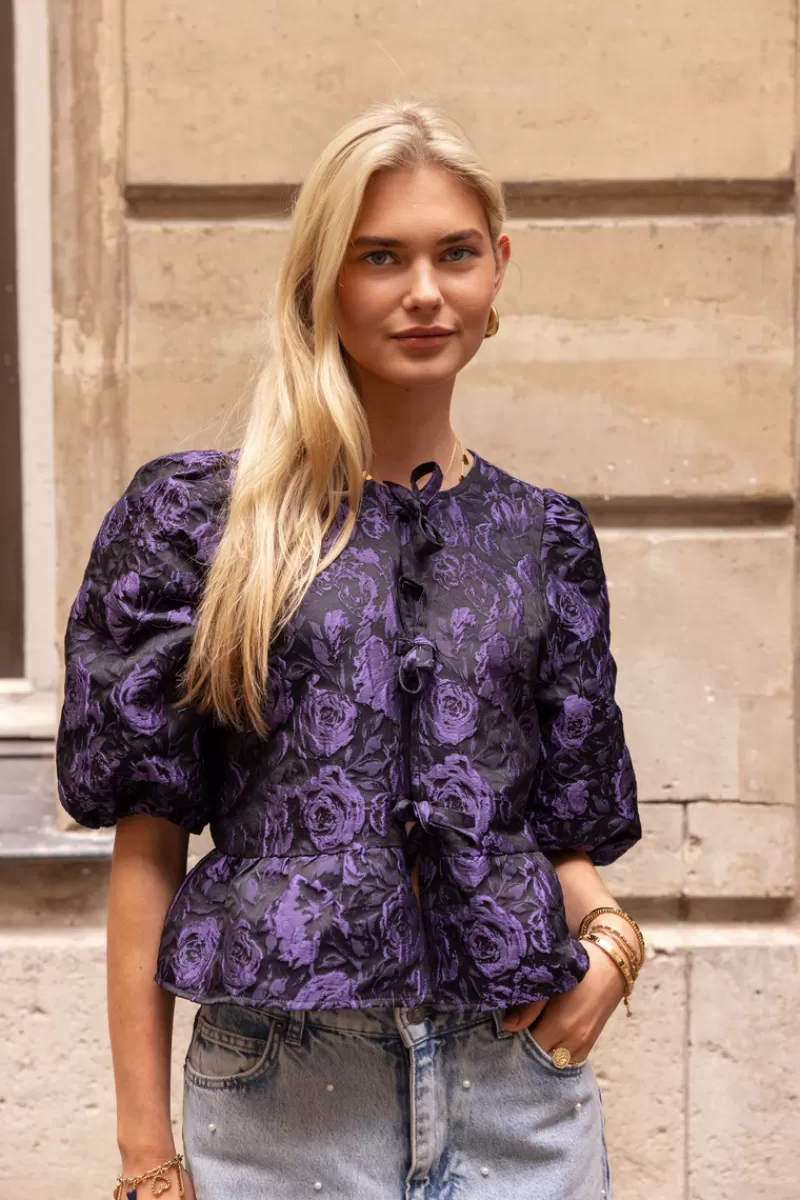 My Jewellery Blouse Noire Avec Nœuds Et Jacquard Violet
