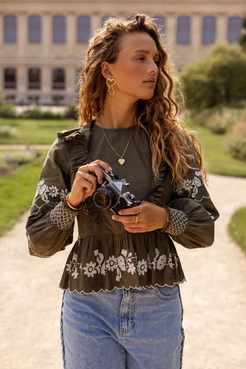 My Jewellery Blouse Vert Foncé Avec Broderie Blanche