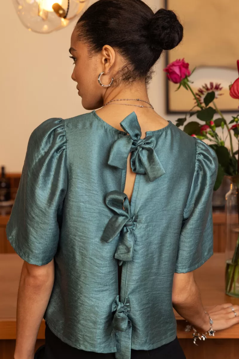 My Jewellery Blouse Verte Avec Manches Plissées Et Nœuds