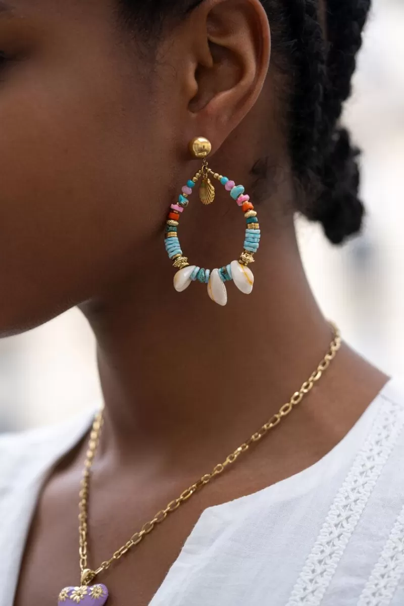 My Jewellery Boucle D'oreille Art Avec Perles Bleues Et Coquillages