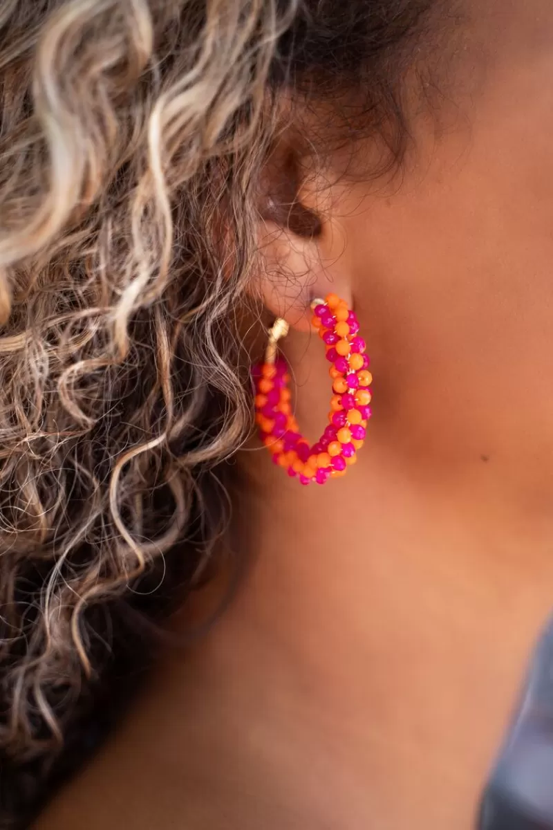 My Jewellery Boucles D'oreilles Rondes Tendance Avec Petites Pierres Roses Et Orange