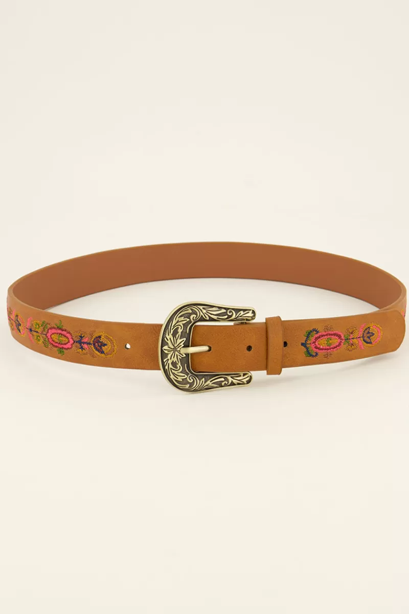 My Jewellery Ceinture Marron Avec Boucle Dorée Et Fleurs Brodées