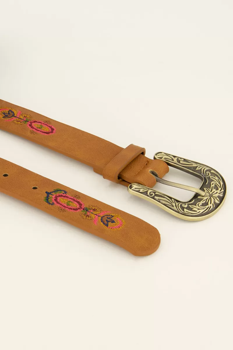 My Jewellery Ceinture Marron Avec Boucle Dorée Et Fleurs Brodées