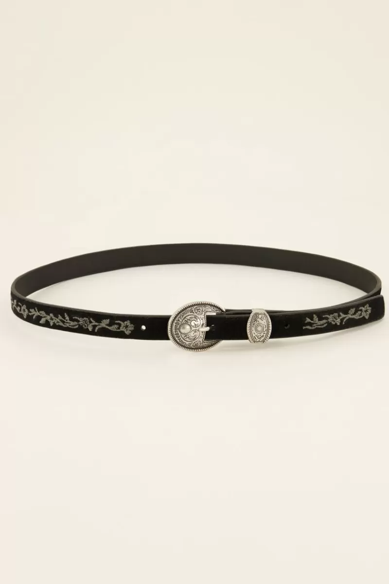 My Jewellery Ceinture Noire à Broderies Et Boucle Argentée