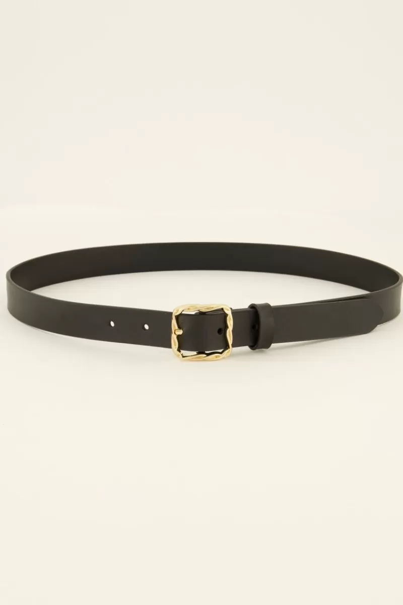 My Jewellery Ceinture Noire Fine En Cuir à Boucle Carrée Dorée