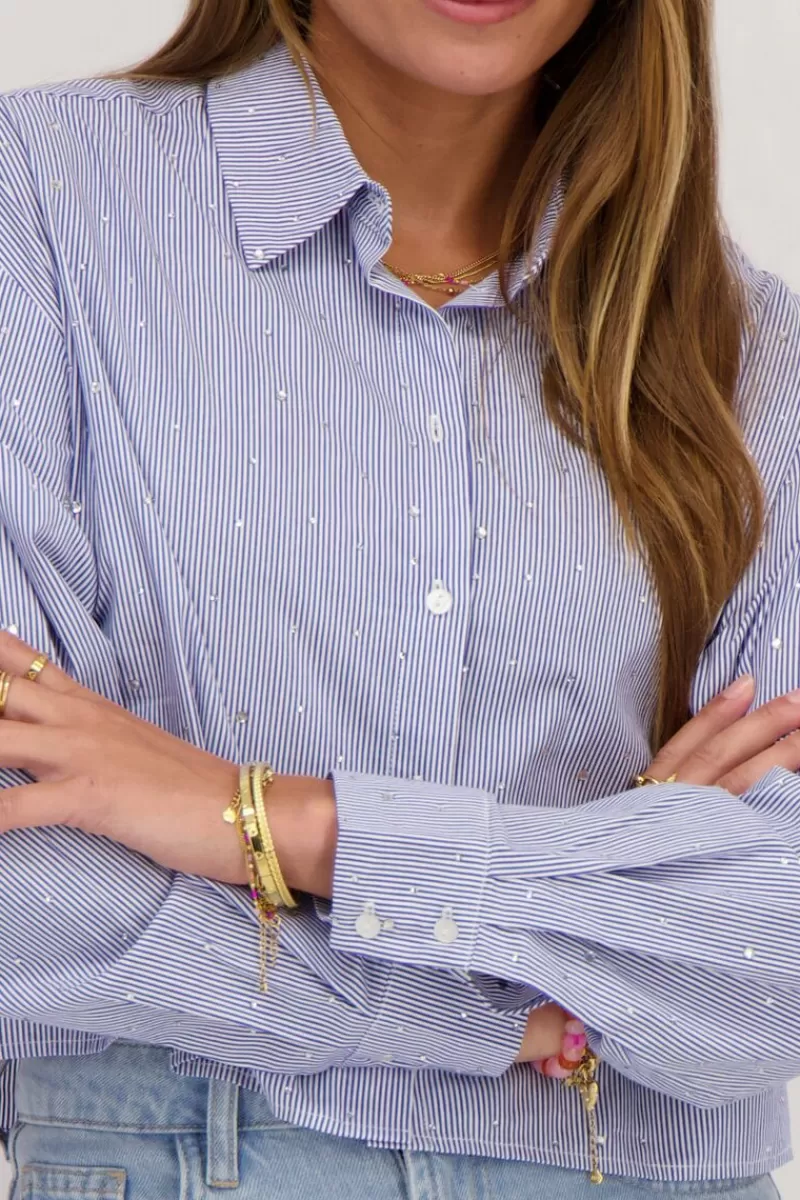My Jewellery Chemise Courte Rayée Bleu Et Blanc Avec Strass