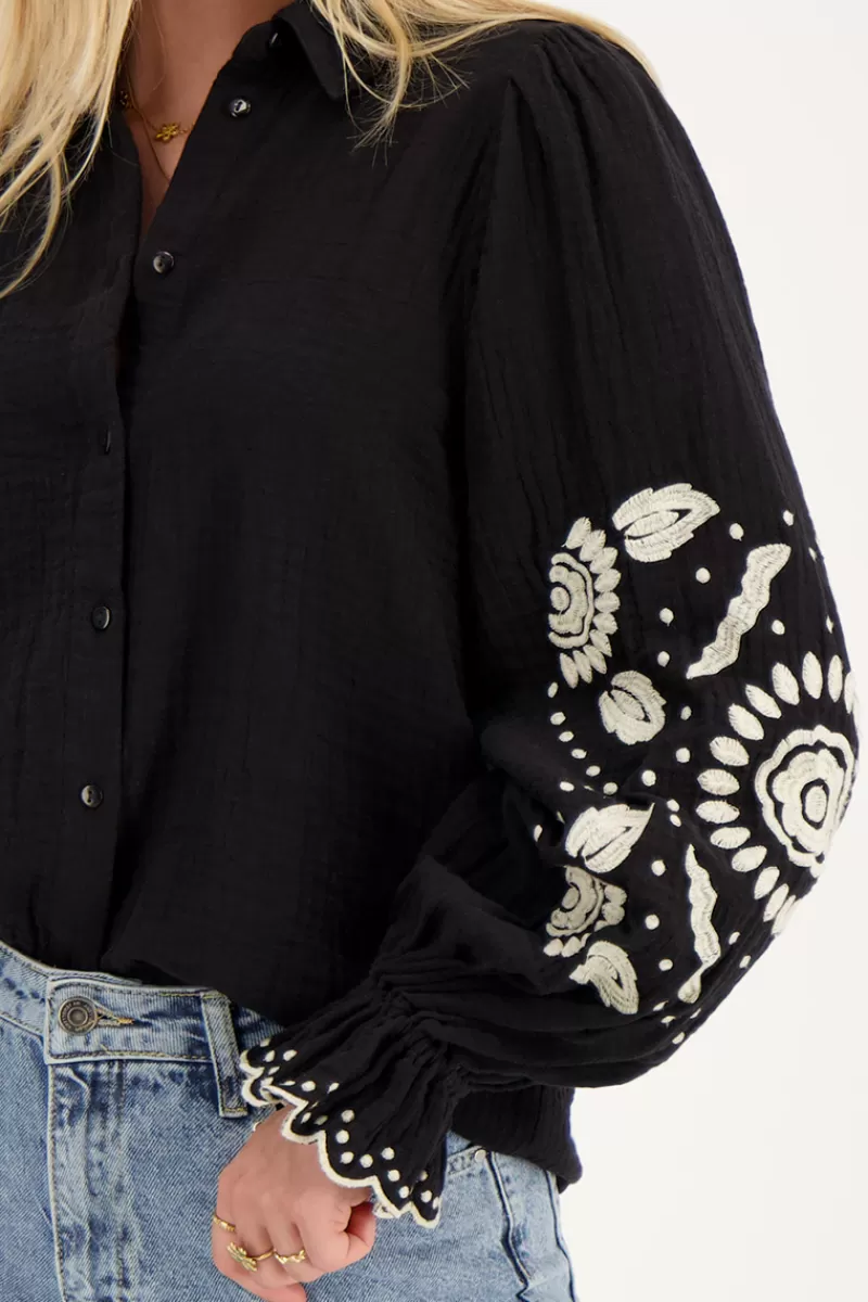 My Jewellery Chemise Noire Avec Broderie Beige