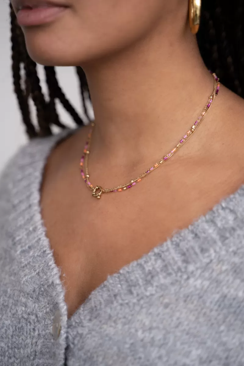 My Jewellery Collier Triple Avec Perles Orange Et Roses