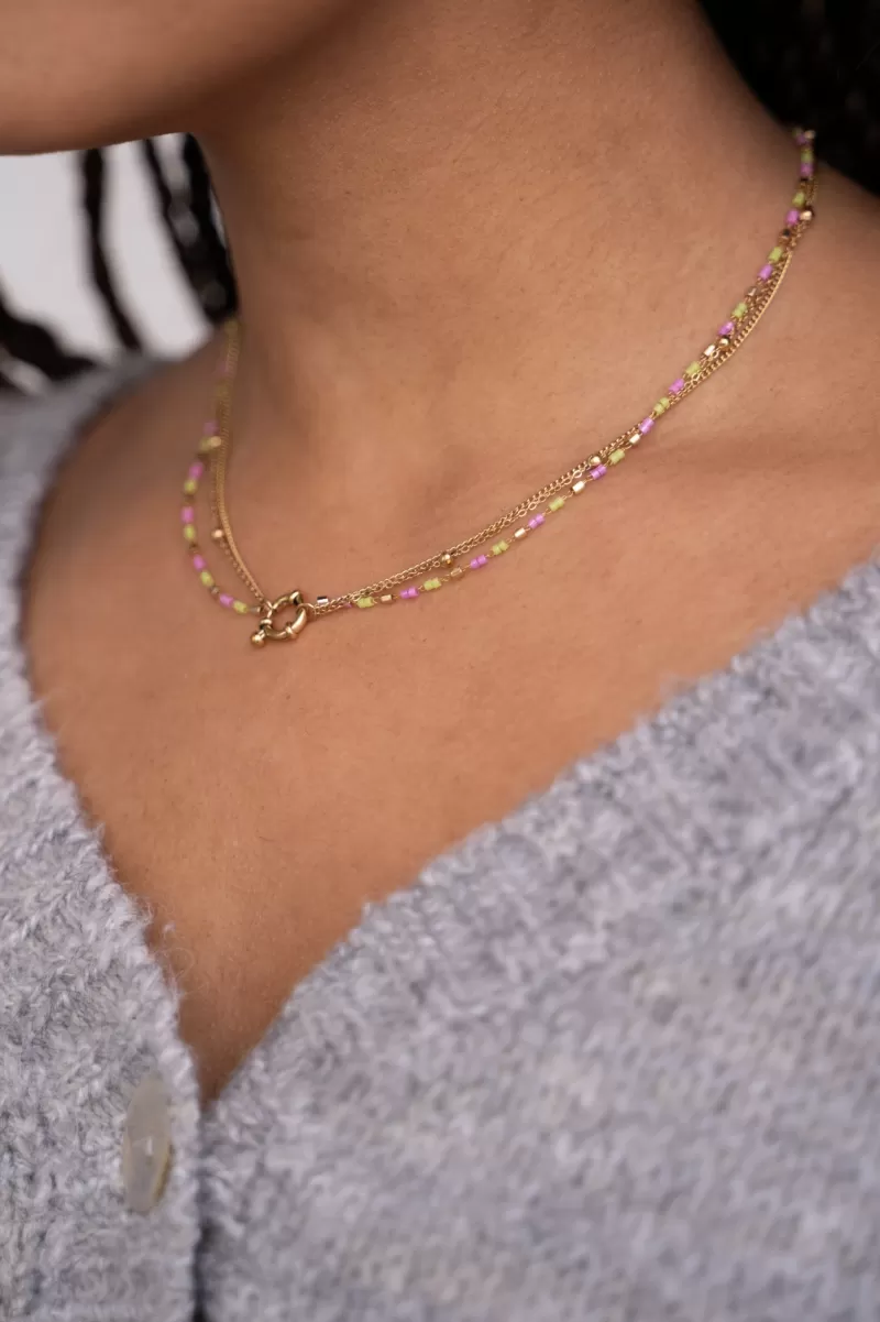 My Jewellery Collier Triple Avec Perles Vertes Et Roses