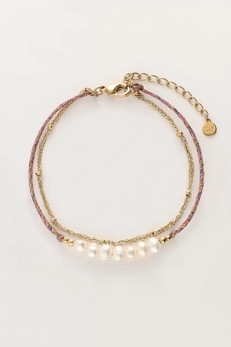 My Jewellery Double Bracelet Minimaliste Avec Cordon Rose Et Perles