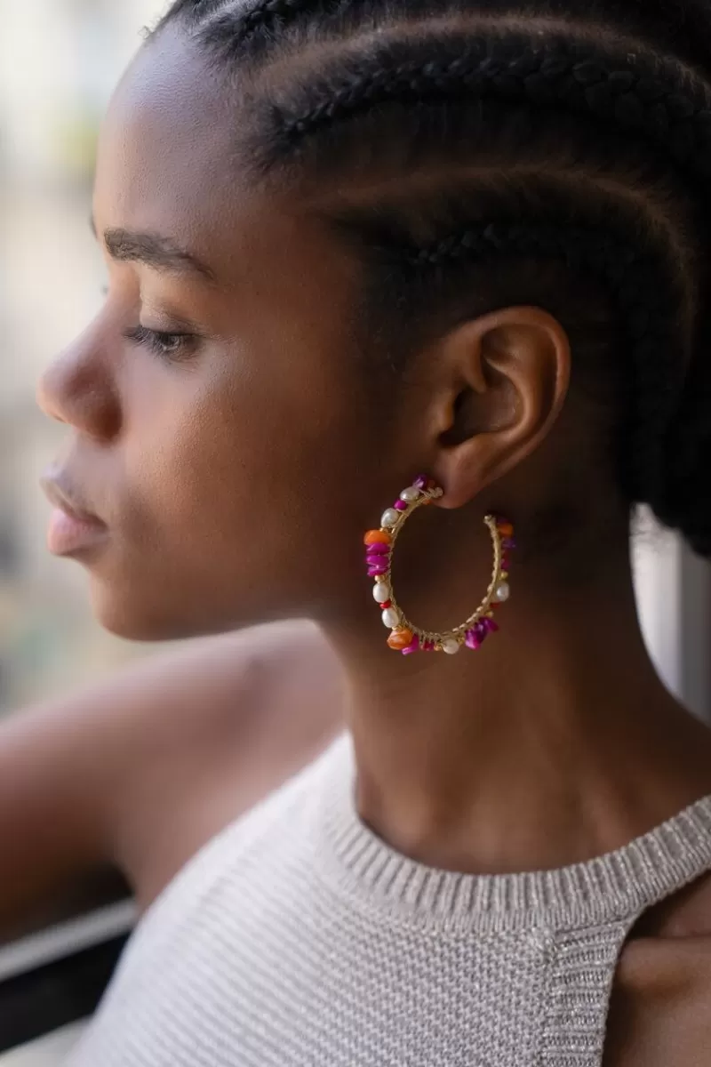 My Jewellery Grandes Boucles D'oreilles Art Avec Pierres Multicolores Et Perles
