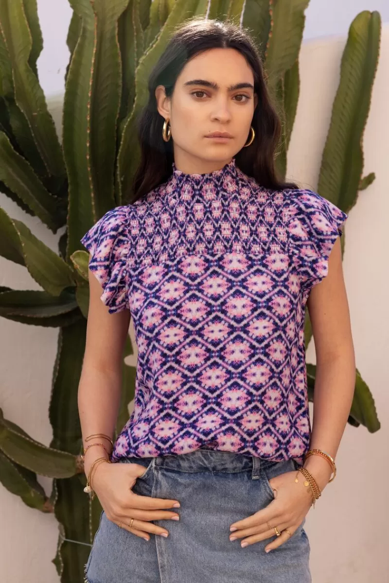 My Jewellery Haut Bleu Avec Imprimé Rose Et Blouse