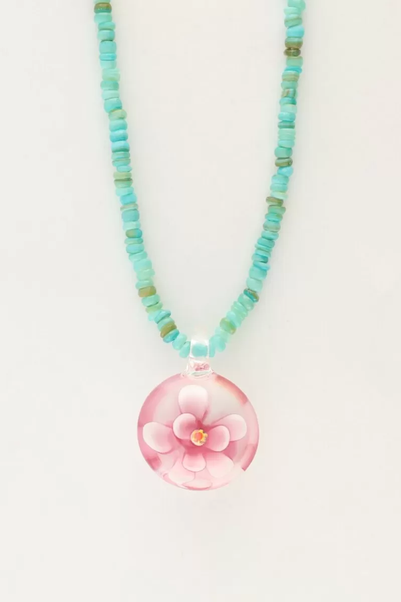 My Jewellery Island Collier De Perles Aqua Avec Fleur Rose