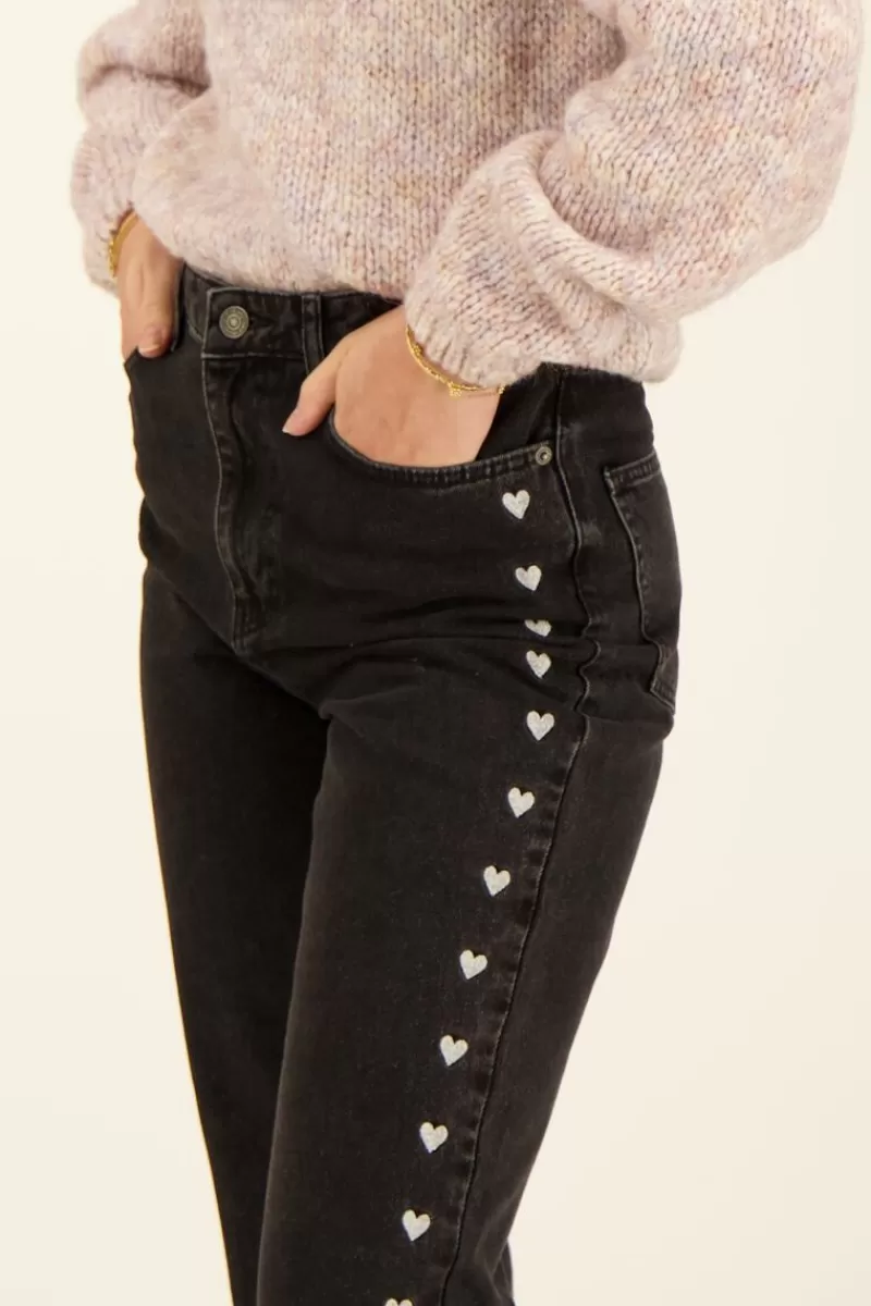 My Jewellery Jeans Noir à Fentes Et Coeurs Brodés