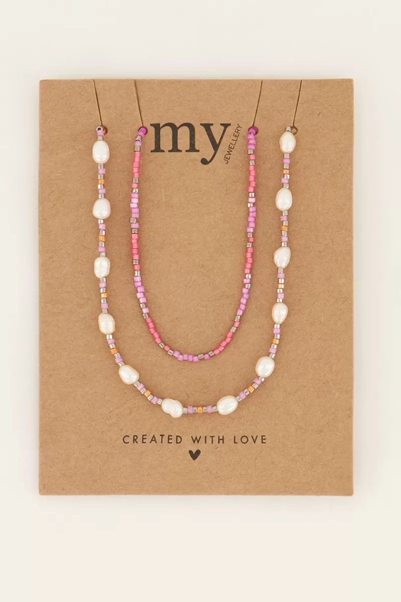 My Jewellery Lot De Colliers Souvenir Orange Et Rose Avec Perles