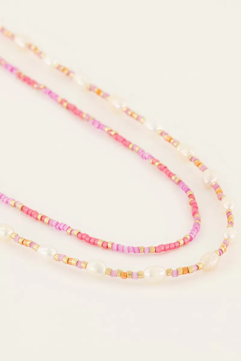 My Jewellery Lot De Colliers Souvenir Orange Et Rose Avec Perles