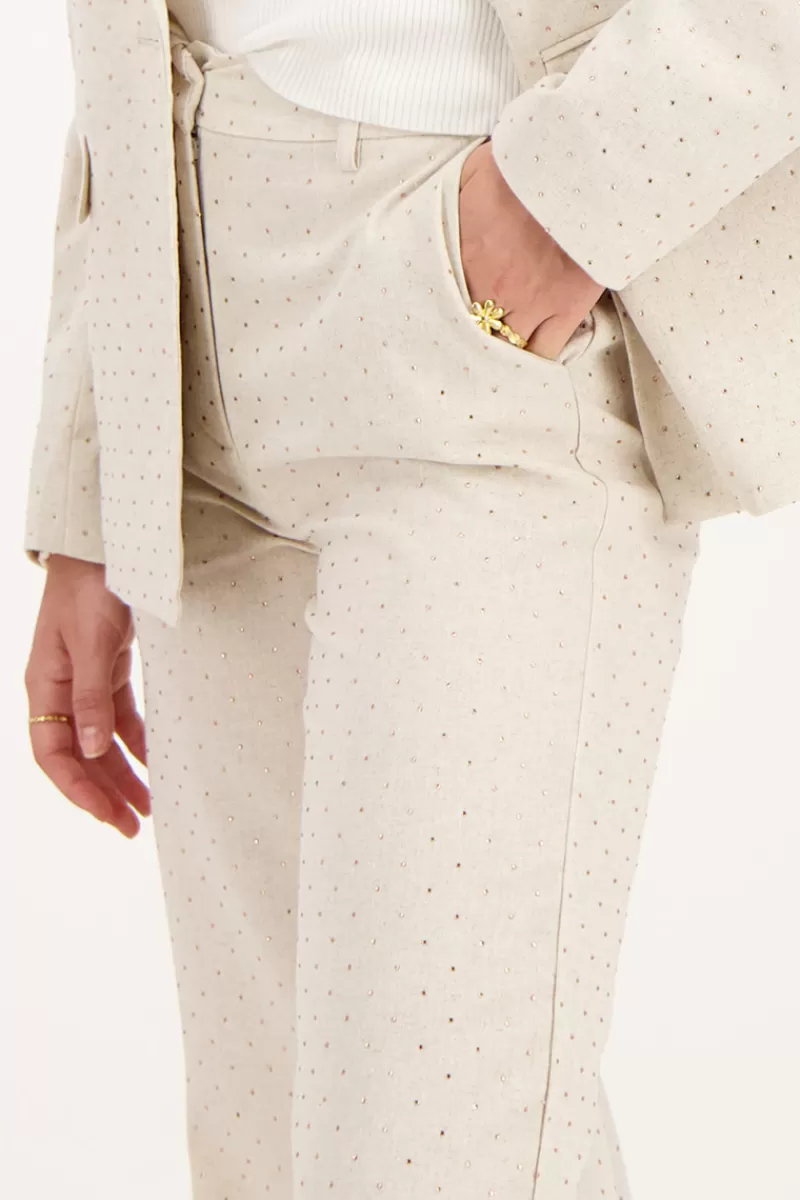 My Jewellery Pantalon En Lin Beige Avec Clous