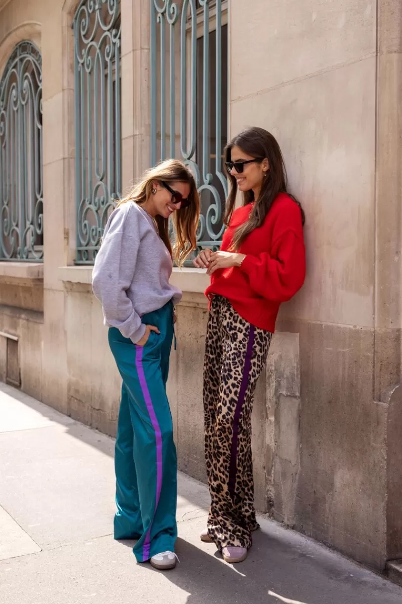 My Jewellery Pantalon Large En Satin Imprimé Léopard Avec Ruban Violet