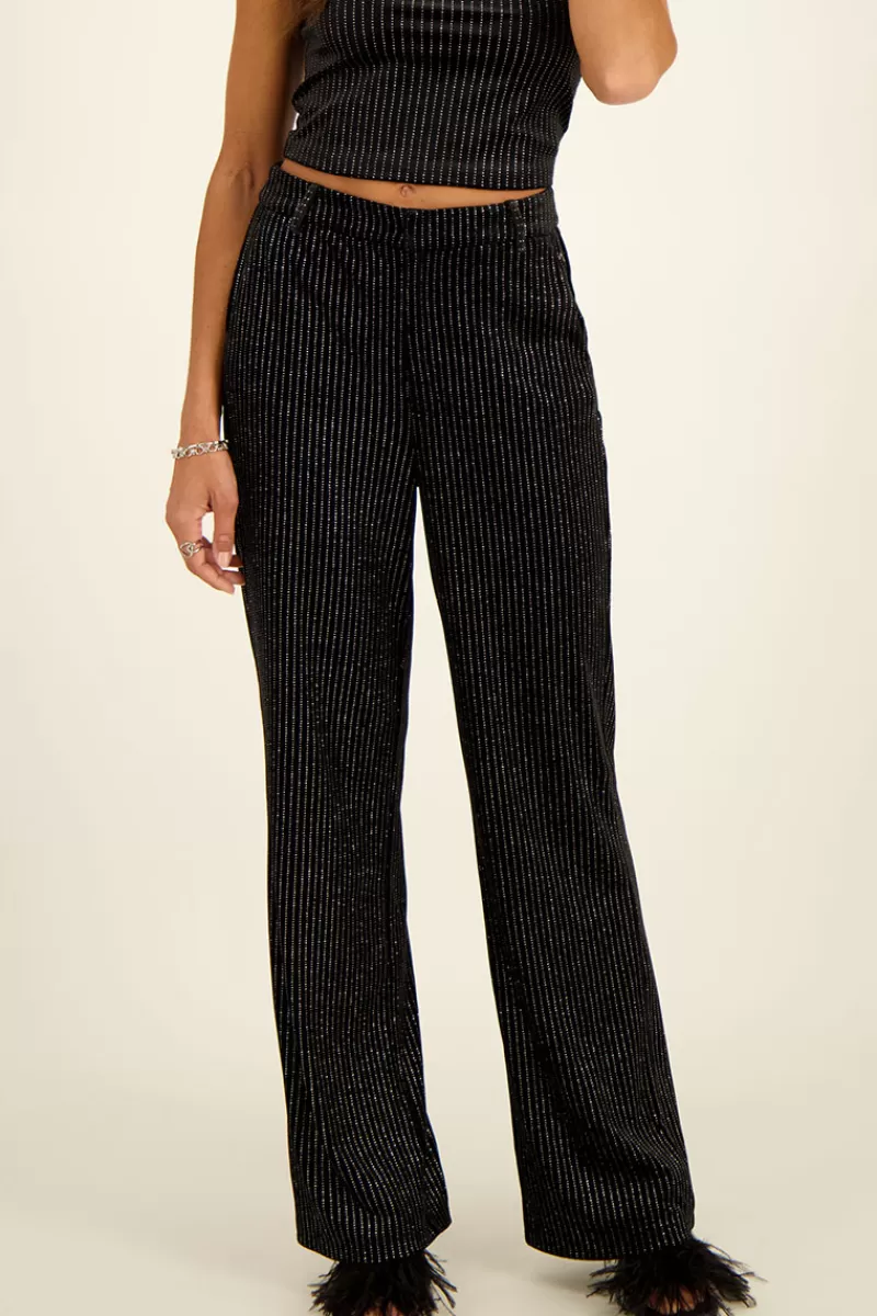 My Jewellery Pantalon Large Noir En Velours à Fines Rayures En Lurex