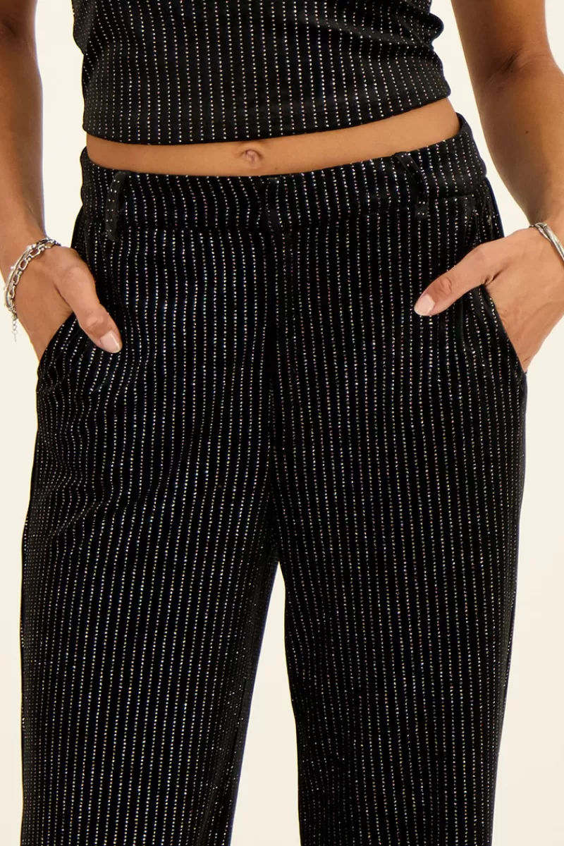 My Jewellery Pantalon Large Noir En Velours à Fines Rayures En Lurex