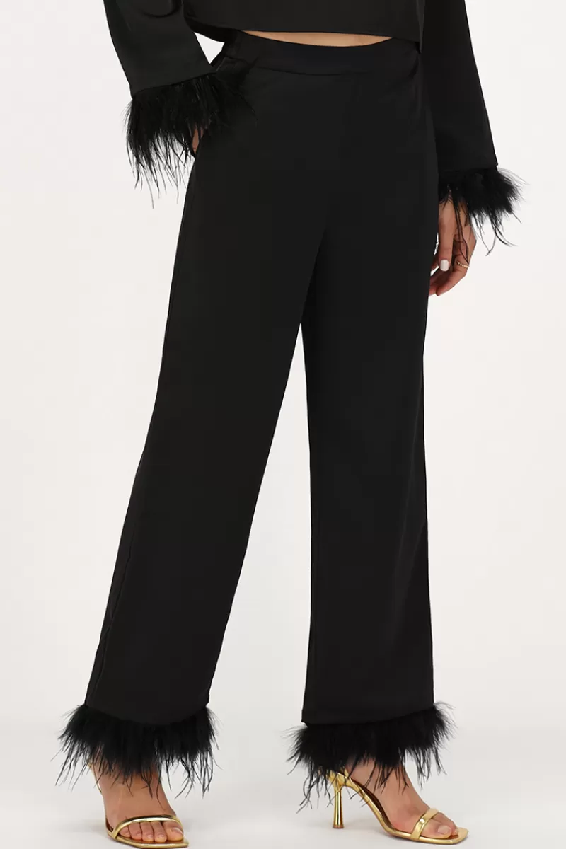 My Jewellery Pantalon Large Satiné Noir Avec Plumes