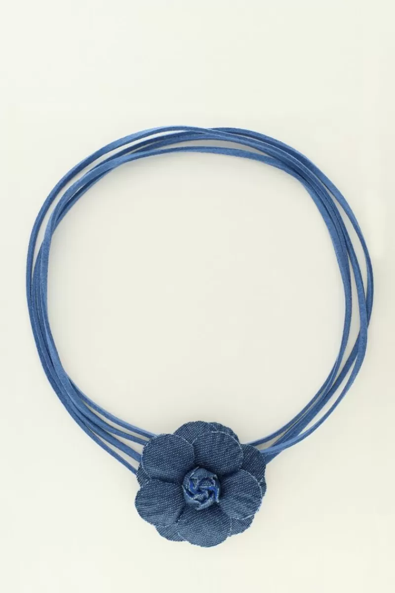 My Jewellery Ras De Cou Cordon Bleur Et Fleur En Denim