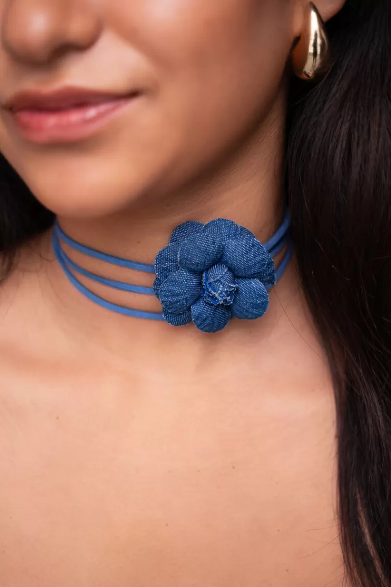 My Jewellery Ras De Cou Cordon Bleur Et Fleur En Denim
