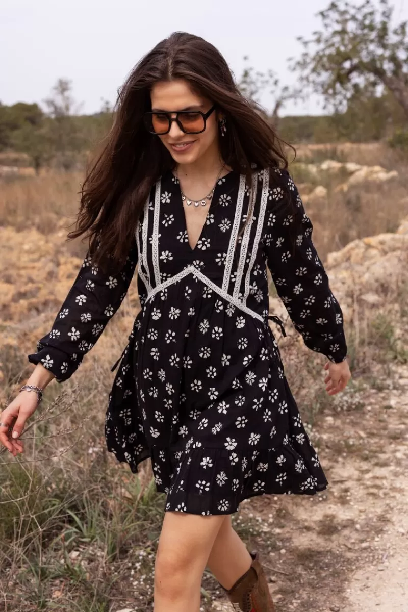 My Jewellery Robe Noire Avec Imprimé Fleuri Blanc