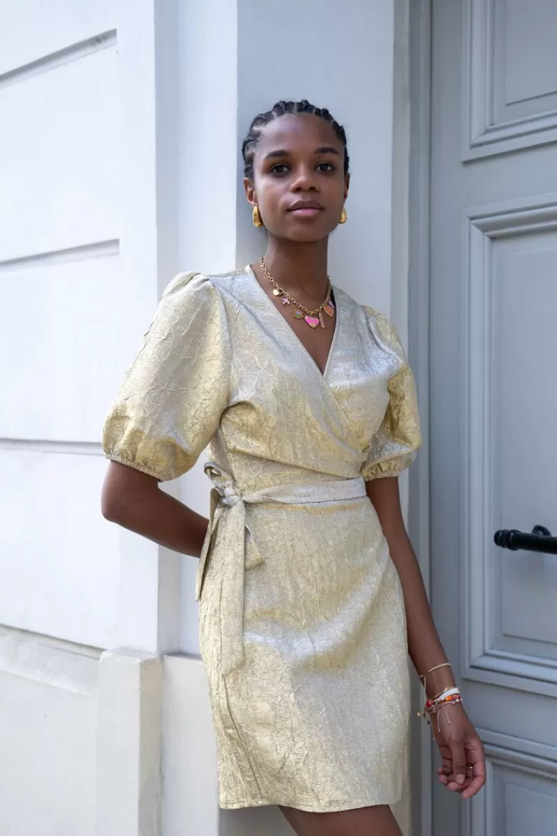 My Jewellery Robe Portefeuille Dorée à Manches Bouffantes