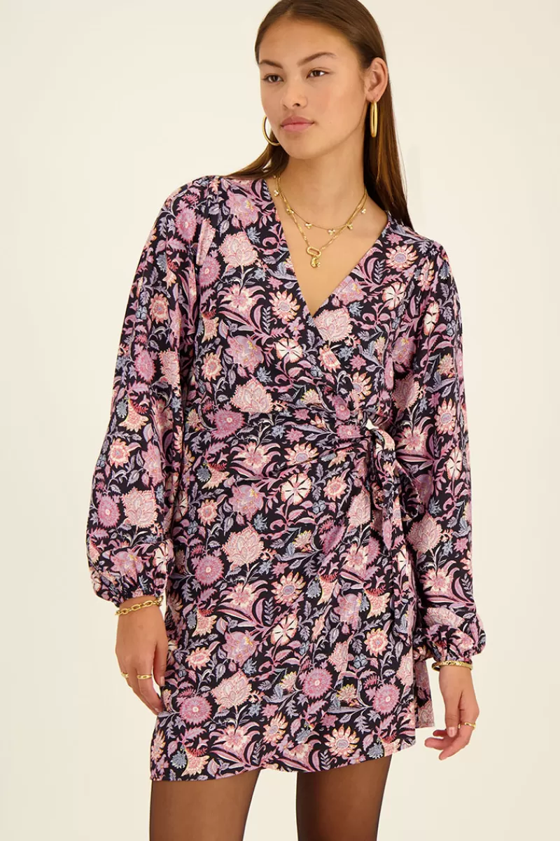 My Jewellery Robe Portefeuille Noire à Fleurs Lilas Et Roses