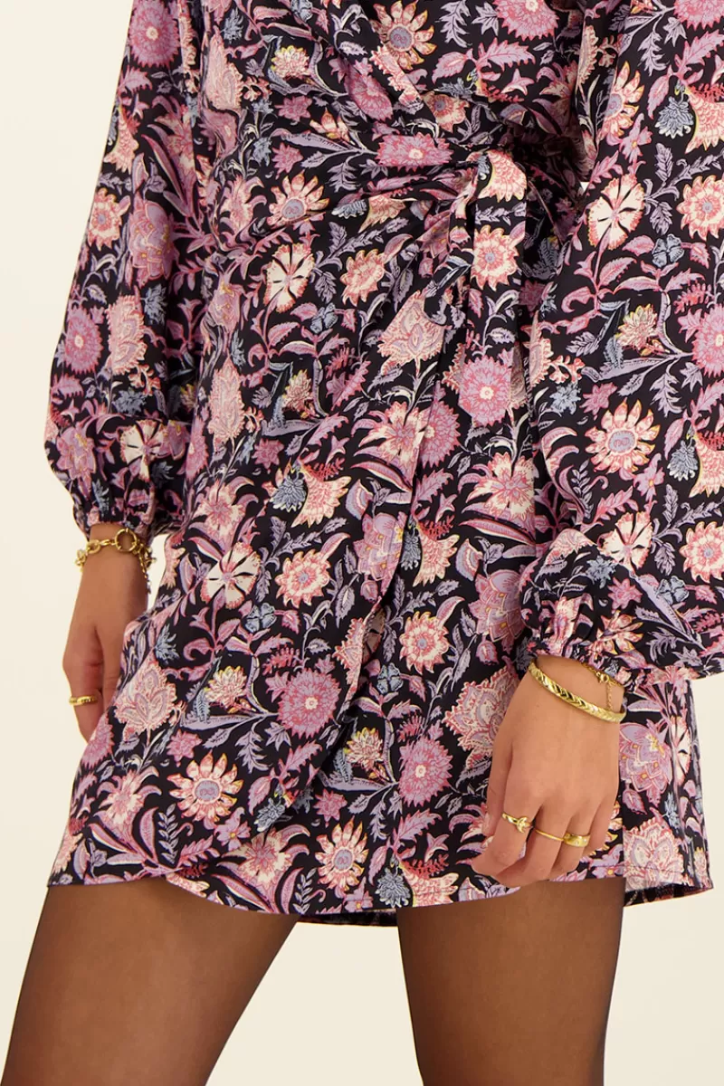 My Jewellery Robe Portefeuille Noire à Fleurs Lilas Et Roses