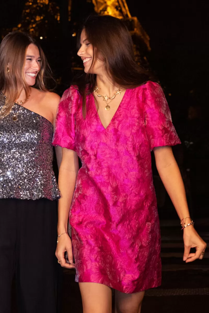 My Jewellery Robe Rose Avec Jacquard Et Manches Bouffantes