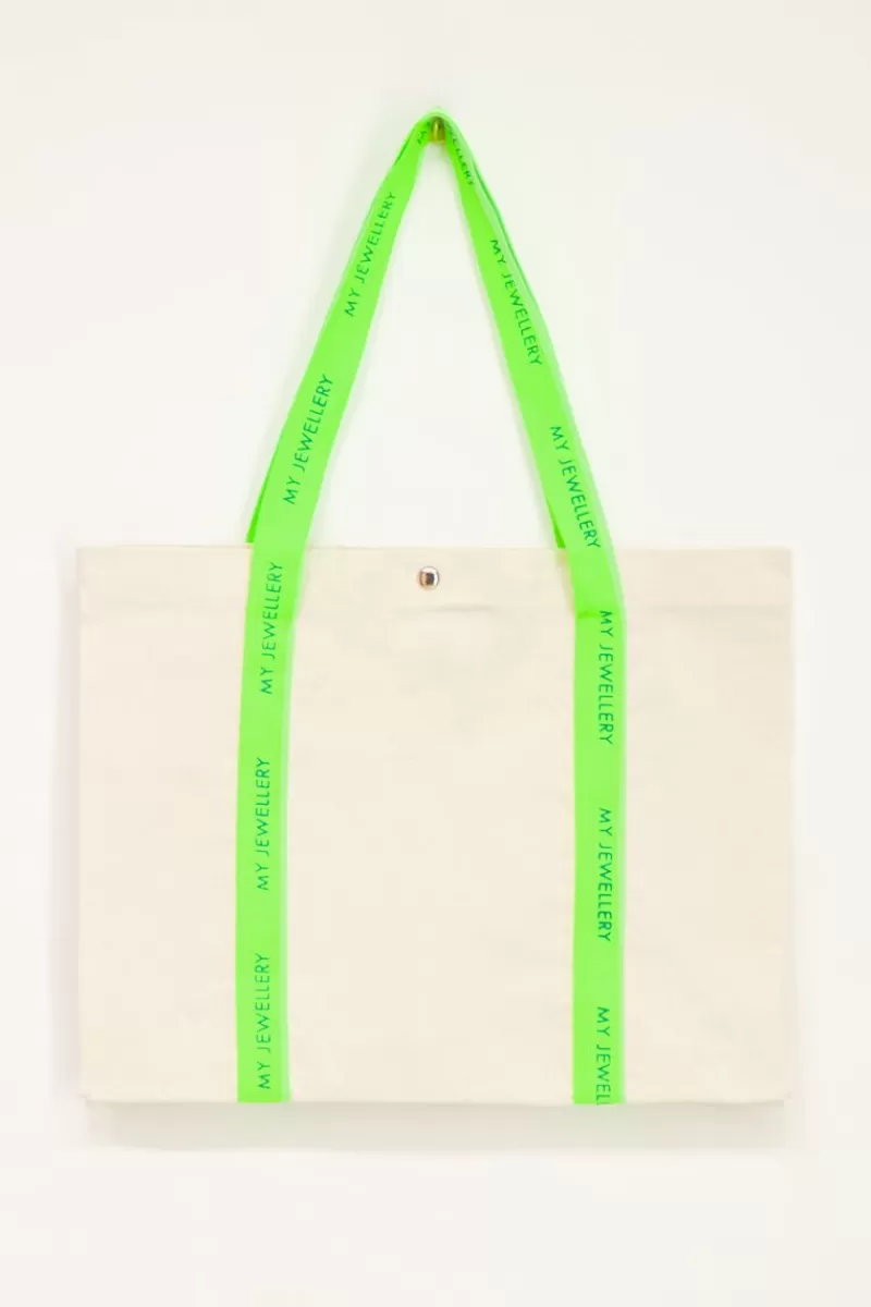 My Jewellery Sac Cabas En Toile Beige à Anses Vert Néon