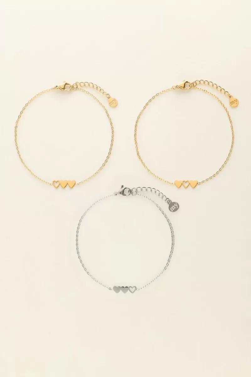 My Jewellery Set De 3 Bracelets à 3 Coeurs - 2 Dorés & 1 Argenté
