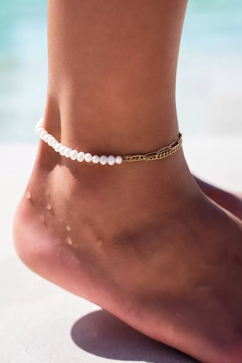 My Jewellery Sunchasers Bracelet De Cheville Chaînes Et Perles Blanches