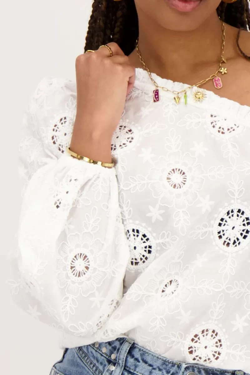 My Jewellery Top Asymétrique à Manche Longue Blanc Avec Broderie