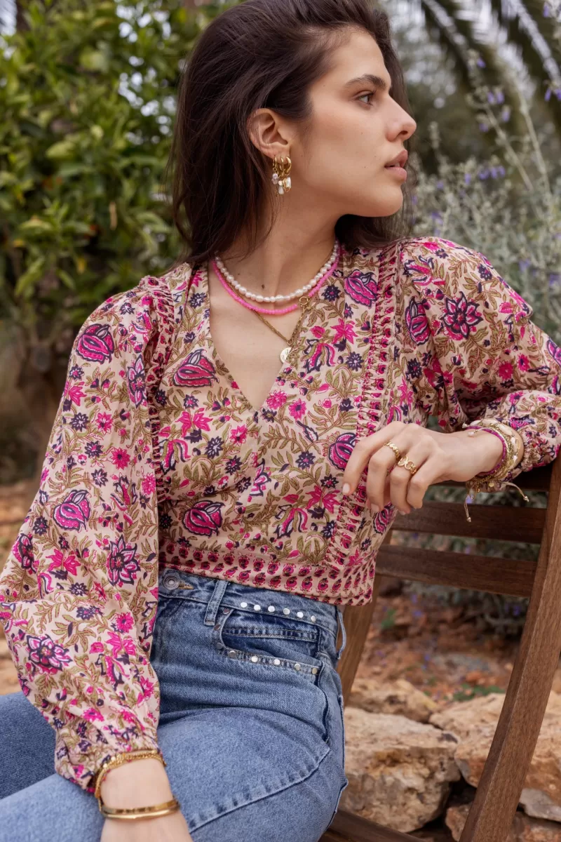 My Jewellery Top Beige à Imprimé Fleuri Vert Et Rose