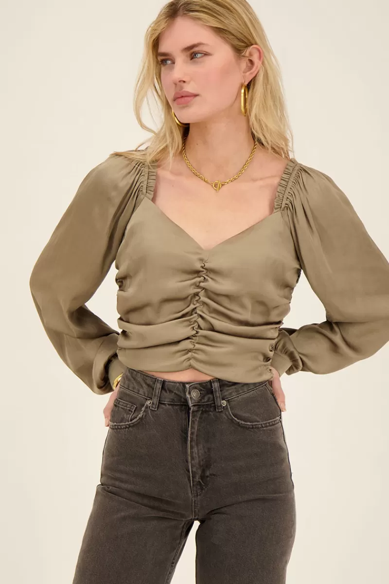 My Jewellery Top Beige Satiné Plissé à Manches Longues