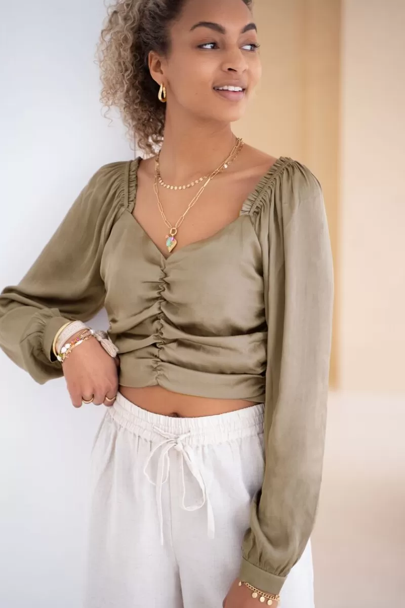 My Jewellery Top Beige Satiné Plissé à Manches Longues