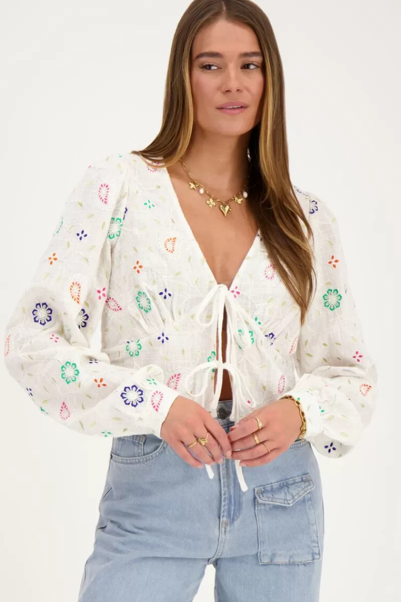 My Jewellery Top Blanc Avec Nœuds Et Broderies Multicolores
