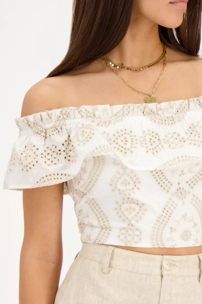 My Jewellery Top Cropped Beige Avec Broderie Contrastée